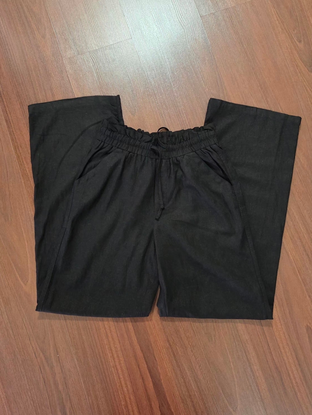 High Rise, Wide Leg Drawstring Linen Pants for Women — Black